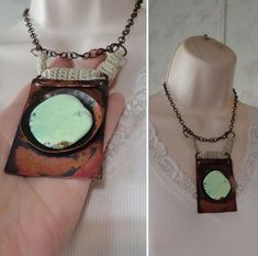 "As shown. One of a kind artisan piece. Handmade. Very nicely made with attention to detail. Unworn with artist's tag attached. A lot of work in this! Hand wrought oxidized copper, hook also. Chrysoprase. Copper plated chain. Hand crochet. Measures approx. 17\" length + 4\" pendant drop. See ruler picture to gauge size. Will come in a gift box." Rustic Turquoise Necklace With Natural Stones For Gift, Hand Forged Green Bohemian Necklace, Green Bohemian Hand Forged Necklace, Handmade Earthy Turquoise Necklace For Gift, Handmade Artisan Turquoise Necklace, Handmade Artisan Green Turquoise Necklace, Artisan Chrysoprase Necklaces For Jewelry Making, Handmade Green Artisan Turquoise Necklace, Handmade Green Turquoise Artisan Necklace