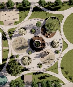 an aerial view of a park with several circular benches and trees in the middle of it