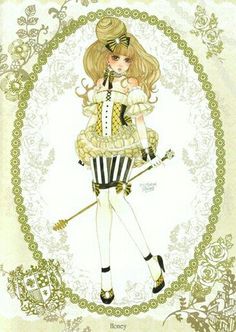 a drawing of a girl with long blonde hair holding a broom and wearing a black and white striped skirt