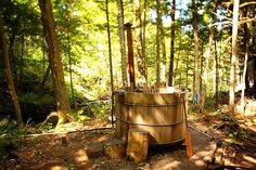 a wooden hot tub in the middle of a wooded area with logs and trees around it