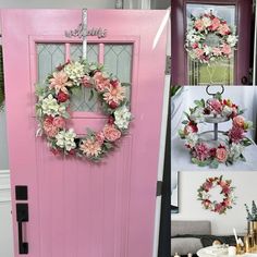 a pink door decorated with flowers and wreaths