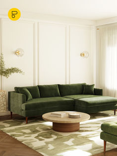 a living room with green couches and white walls