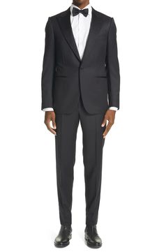 Free shipping and returns on Micronsphere Wool Tuxedo at Nordstrom.com. A classic twill texture delivers understated elegance on this slim-cut tuxedo crafted from pure wool and framed with sharp peaked lapels. Fitted Tuxedo With Concealed Placket, Fitted Wool Blazer For Black-tie Events, Classic Formal Suits With Flat Front, Classic Slim Fit Tuxedo With Flat Front, Classic Tuxedo With Notch Lapel And Structured Boning, Elegant Tailored Tuxedo With Flat Front, Classic Fitted Tuxedo With Lapel Collar, Classic Single Breasted Fitted Tuxedo, Classic Fitted Single Breasted Tuxedo