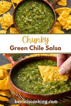 chunky green chile salsa in a bowl with tortilla chips