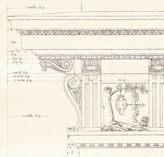 an architectural drawing shows the details of a building with columns and carvings on each side