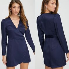 Navy Blue Satin Finish Long Sleeve Wrap Dress From Wilfred For Aritzia This Item Is Brand New With Tags Measurements Bust: 17.5" Length: 33.5" Women's Size Small Chic Navy V-neck Mini Dress, Navy Long Sleeve Fitted Dress, Chic Navy Long Sleeve Mini Dress, Navy Fitted V-neck Mini Dress, Fitted Navy V-neck Mini Dress, Navy Fitted Mini Dress With V-neck, Spring Navy Long Sleeve Mini Dress, Flirty Long Sleeve Formal Dress, Navy Dress For Fall Party