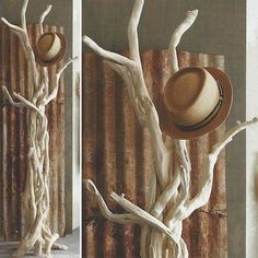 two pictures of a tree with hats on it's branches, one is white and the other is brown