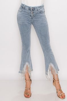 Rhinestone, Metal fringe denim pants,Beautiful, fun, sexy!!! 65% Cotton, 30%^ Polyester, 5% Spandex Wholesale Clothing Vendors, Clothing Vendors, Palazzo Jeans, Cow Outfits, Rhinestone Outfit, Fringe Jeans, Jeans Ideas, Denim And Diamonds, Rhinestone Fringe