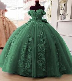 Quinceanera Dresses 3D Floral Applique Off Shoulder Sweet 16 Gowns With Big Bow | eBay Dark Green Quinceanera Dresses, Sweet 16 Gowns, Burgundy Quinceanera Dresses, Quince Stuff, Green Quinceanera, Ball Gown Quinceanera Dresses, Quince Themes, Green Ball Gown, Green Quinceanera Dresses