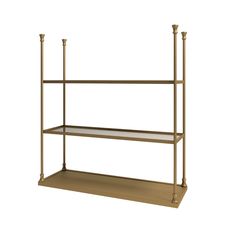 a shelf with three shelves and two candles on each shelf, in gold metal finish