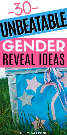 a blue bag sitting in the grass with pink and blue stars on it that says, unbeatable gender reveal ideas