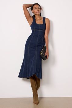 Minina Dress Chic Midi Dress, Midi Dress Chic, Denim Jean Dress, Denim Midi Dress, Fit And Flare Silhouette, Empire Waistline, Night Looks, Dark Wash Denim, Jeans Dress