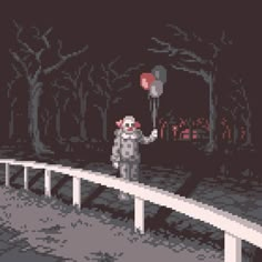 a pixellated image of a person holding a red balloon over a bridge in the dark