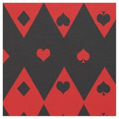 a red and black pattern with hearts, spades, and diamonds on the side