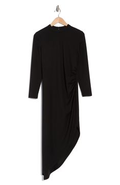 A hint of stretch offers all-day comfort in this refined midi dress that's cut with an asymmetric hem. 51" length Hidden back-zip closure Jewel neck Long sleeves Unlined 95% polyester, 5% elastane Dry clean Imported Sleek Midi Dress With Asymmetrical Hem For Formal Occasions, Formal Maxi Dress With Asymmetrical Hem For Fall, Chic Asymmetrical Midi Stretch Dress, Fall Midi Dress In Elastane, Sleek Dresses With Asymmetrical Hem For Spring, Sleek Asymmetrical Hem Dresses For Spring, Fall Night Out Midi Dress In Elastane, Asymmetrical Solid Color Midi Dress For Formal Occasions, Asymmetrical Solid Midi Dress For Formal Occasions