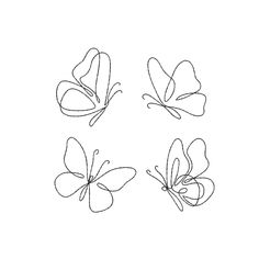 four butterflies drawn in one line on a white background, each with different shapes and sizes