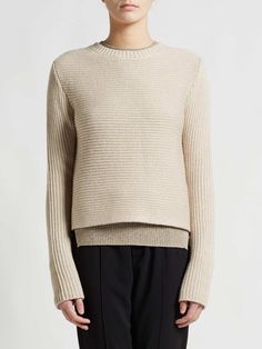 Beige Textured Knit Crew Neck Cropped Sweater, Beige Textured Knit Cropped Sweater With Crew Neck, Beige Sweater With Ribbed Neckline For Layering, Beige Crew Neck Cropped Sweater For Layering, Neutral Ribbed Sweater For Layering, Neutral Crew Neck Sweater For Workwear, Beige Sweater With Ribbed Neckline For Work, Beige Ribbed Neckline Sweater For Work, Favorite Sweater