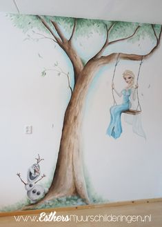 a child's room painted with a mural of a girl on a tree swing