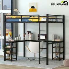 a black loft bed with desk underneath it