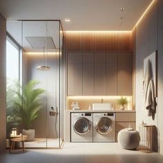 a washer and dryer in a very modern bathroom