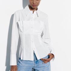 Bought In Store During Sale. New With Tags Corset Style Poplin Shirt S White Ref. 4437/059 Brands To Shop At, European Autumn, Fashion Trend Report, 2023 Wardrobe, Corset Blouse, Oversized Button Down Shirt, Corset Shirt, Long Puffer Coat, Corset Style Tops