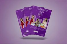 three purple flyers with images of women on them