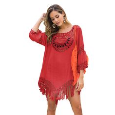 Red Hollow Out Tassel Hem Beach Cover Tanning Salon, Swimsuit For Women, Tassels Fashion, Swimwear Beach, Swimwear Cover Ups, Beach Covers, Swimwear Cover, Cover Ups, Women's Swimwear