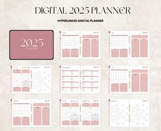 the printable digital planner is shown in pink and white