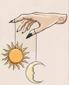 a drawing of a hand reaching for the sun and moon