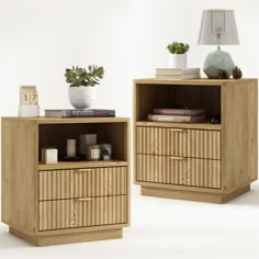 two wooden nightstands with books and plants on them