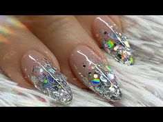 Clear Nails Acrylic Glitter, Crystal Glitter Nails, Clear Nails With Glitter Tips, Chunky Glitter Ombre Nails, Glass Tip Nails, Ice Nails Acrylic Clear, Transparent Nails Glitter, Glitter Flake Nails