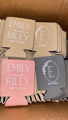 four personalized coasters in a cardboard box