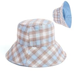 A Panama style cap that allows you to stay cool and fresh all through summer, this bucket hat for women showcases a reversible design that is truly convenient. Finished in a cheerful plaid pattern, its subtle yet charming colors give your look a feminine touch. Made from top quality cotton for added comfort, this casual accessory is ideal when stepping out with friends or when heading on a fishing trip!Specifications plaid bucket hat: Summer Top Type: Flat Style: Casual Pattern Type: Plaid Origi Upf 50+ Visor Bucket Hat, One Size Fits Most, Upf 50+ Visor Bucket Hat One Size, Upf 50+ Visor Bucket Hat, Blue Casual Bucket Hat For Travel, Lightweight Blue Bucket Hat For Summer, Casual Blue Bucket Hat For Travel, Reversible Bucket Hat One Size, Casual Bucket Hat With Upf 50+, Casual Packable Bucket Sun Hat