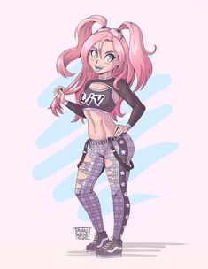 a drawing of a girl with pink hair wearing punk clothing and holding a guitar in her hand