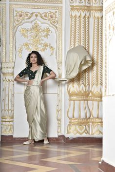 Oyster Grey Satin Drape Saree - Trendroots Silk Draped Dupatta For Reception, Festive Silk Draped Dupatta, Evening Draped Dupatta With Cutdana, Silk Draped Traditional Wear, Evening Dupatta With Cutdana And Draped Style, Traditional Silk Draped Wear, Silk Bollywood Draped Sharara, Evening Draped Cutdana Dupatta, Silk Draped Choli For Wedding