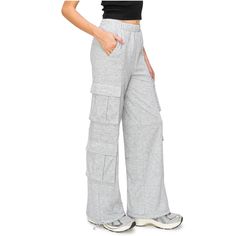 80% Polyester, 20% Cotton Feature: Wide leg fit cargo sweatpants are designed with 4- front pockets and elastic waistband with adjustable bungee drawcord leg opening. It is a comfortable wide leg fit for a chill and slightly relaxed look. Check out more cool California vibes in our Lazy Sunday Collection. Versatile Style: This must-have sweatpants will have anyone looking and feeling great in their body while wearing these. Pair these with sweatshirts, sweater, or any tops for a casual everyday