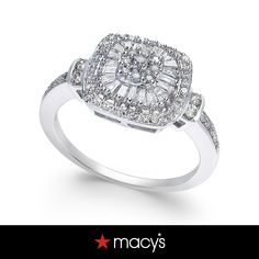 a white gold ring with diamonds on the sides and an inscription that reads macy's