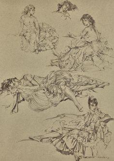 three drawings of women laying on the ground