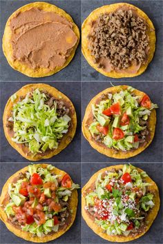 six different types of food on top of each other, including tortillas and salads