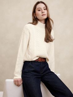 Cable Turtle-Neck Sweater | Banana Republic Factory Turtle Neck Outfit Women Work, Long Sleeve Cable Knit Tops For Work, Classic Fall Knit Top With Ribbed Cuffs, Classic Long Sleeve Knit Top With Ribbed Cuffs, Neutral Turtleneck, Turtle Neck Outfit Women, Classic Winter Style, Short Cowboy Boots, Arm Cuffs