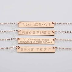 "Reversible Custom Coordinates Gold Bar Necklace-Personalized Both Sides Bar | 14K Gold Filled | Rose Gold Filled | Silver-CG220N Personalize this chic original bar necklace to make it more meaningful It's reversible so you can engrave front and back to wear either side! Is there a special place, dates, names or words you want to cherish? You can personalize them on this chic trendy necklace! ♥ Each side can be engraved with * Names or Initials * Roman Numerals (Roman Numeral Converter => htt Gold Bar Necklace Personalized, Necklace To Make, Horizontal Bar Necklace, Portrait Necklace, Rose Gold Bar, Bar Necklace Personalized, Trendy Necklace, Gold Bar Necklace, Trendy Necklaces