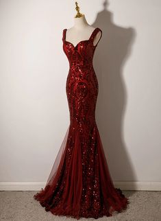 Red Sequined Mermaid Evening Gown Red Glitter Gown, Deep Romantic, Sequins Prom Dress, Glitter Gown, Ocean Dress, Formal Prom Dresses Long, Prom Dress Inspo, Sequin Evening Gowns, Long Party Dress