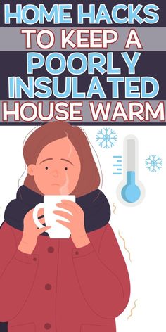 a woman holding a cup with the words home hacks to keep a poorly insulated house