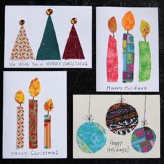 four christmas cards with candles and ornaments on them, all decorated in bright colors for the holiday season