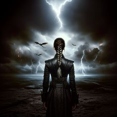 a woman with braids standing in front of a dark sky and lightning behind her