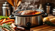 a slow cooker with food cooking in it on a wooden cutting board next to carrots and other vegetables