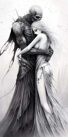 a drawing of two people hugging each other with their arms around one another, and the skeleton