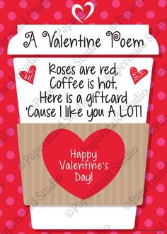 valentine's day card with coffee cup and hearts on red polka dot background, reads roses are red, here is a giftcard cause i like you a lot