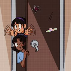 two people peeking out from behind a door with their hands on the doorknob