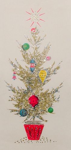 a christmas tree with ornaments on it in front of a white background and red bottom